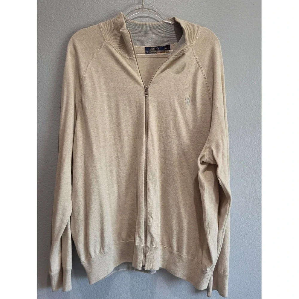 Polo Ralph Lauren Full Zip Cardigan Mens XXL Tan Excellent Cotton Raglan Ribbed